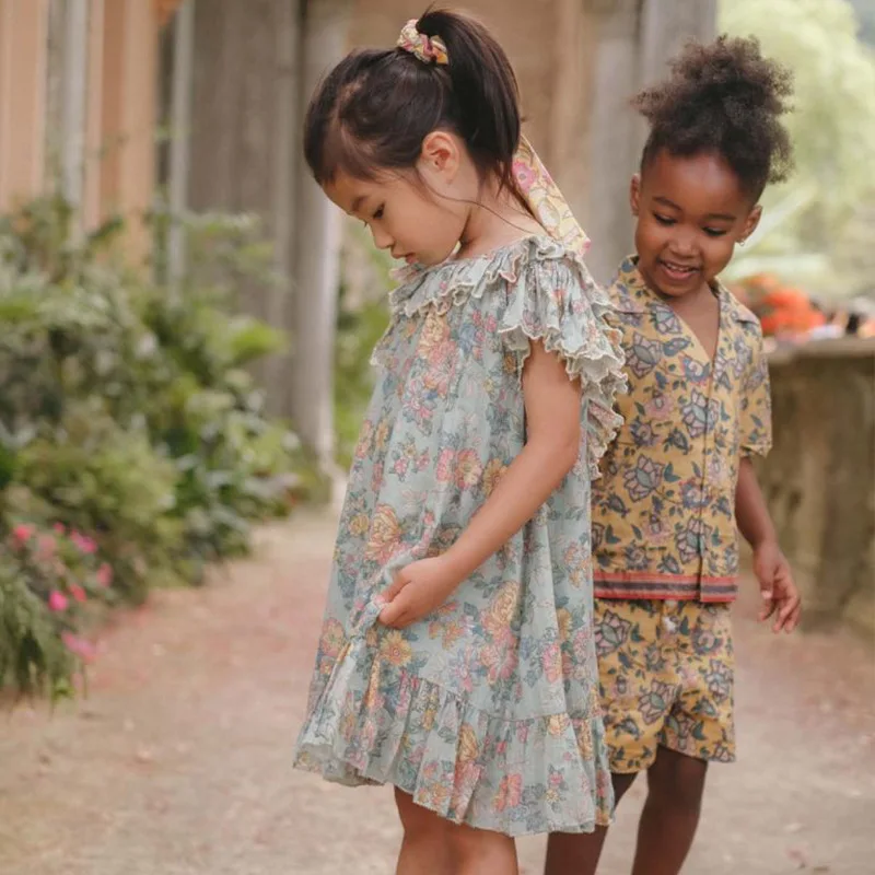 Gaun Anak Perempuan Musim Panas Gaun Putri Tanpa Punggung Pesta Tanpa Lengan Berlipit Bunga Bayi Pakaian Anak Perempuan Balita 2023 Baru - 0