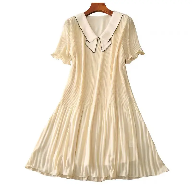 Gaun Elegan Leher V Warna Kontras Mode Pakaian Wanita 2023 Musim Panas Baru Lipatan Manik-manik Gaun Lengan Kupu-kupu Antik - 2