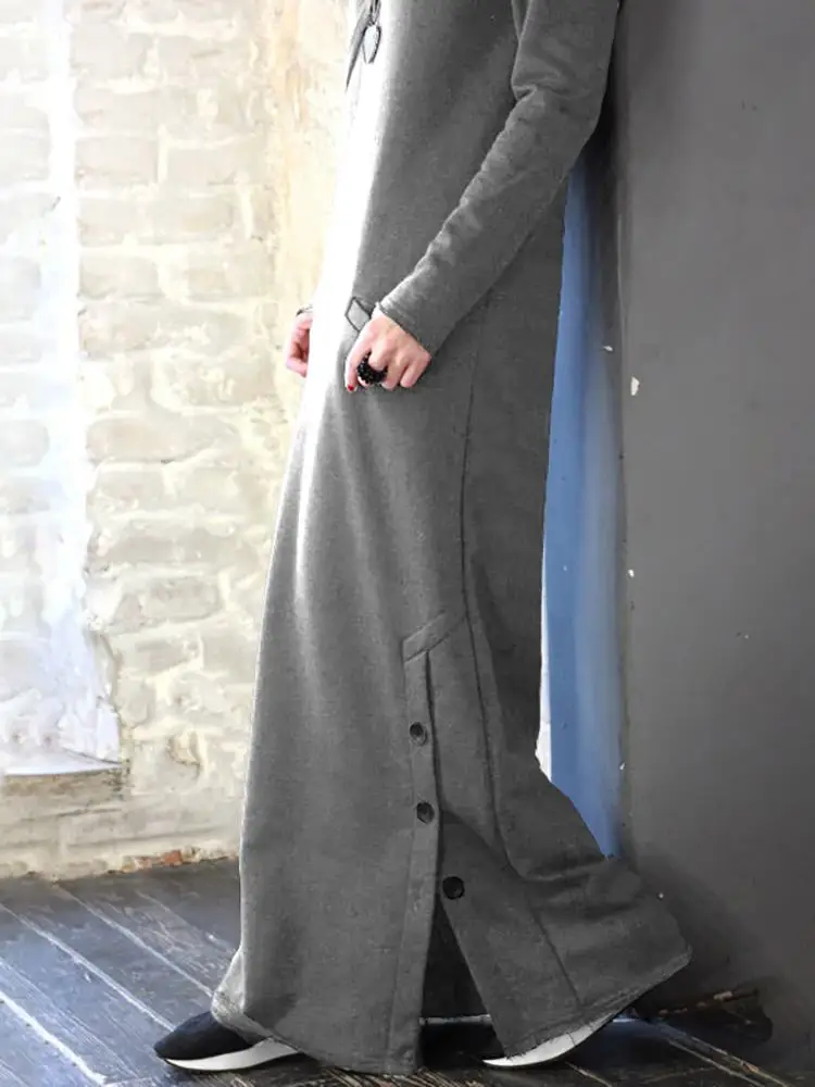 Gaun Hangat Musim Dingin Wanita Gaun Maxi Dasar Musim Semi 2023 Kaus Bulu Panjang Celmia Pullover Kasual Kancing Lengan Panjang Vestidos - 2
