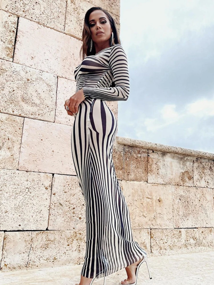 Gaun Maxi Seksi Bodycon Ramping Lengan Panjang Motif Zebra Gaun Streetwear Pesta Klub Garis Tipis Wanita Musim Gugur Pakaian Y2K Wanita 2021 - 4