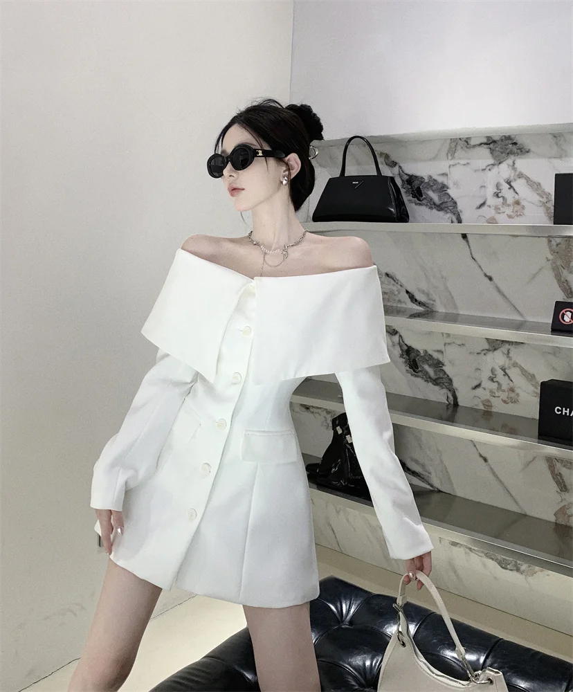 Gaun Setelan Pinggang Berpayet Satu Bahu Desainer Musim Panas Kasual Gaun Formal Elegan Putih untuk Pakaian Wanita - 2