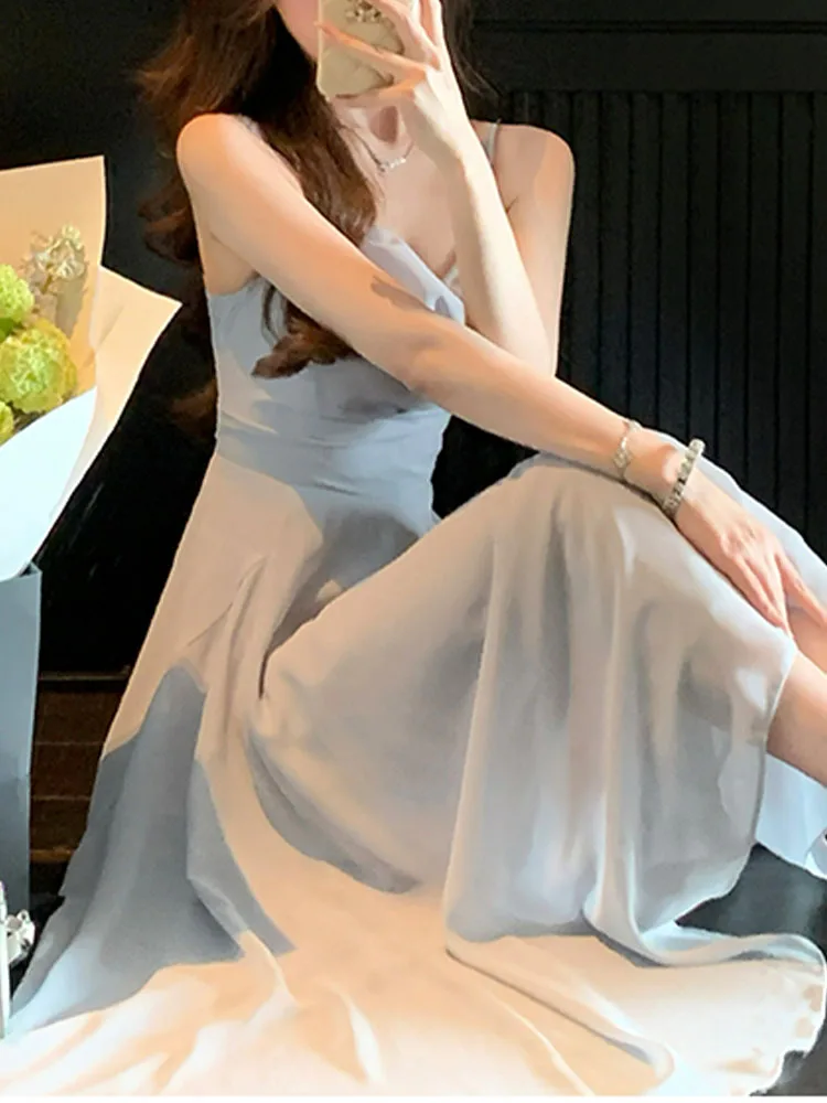 Gaun Sifon untuk Gaun Pesta Mode Tanpa Lengan Wanita Gaun Spaghetti Strap Mini Ruffle Solid Ramping 2023 Gaun Musim Semi Musim Panas Baru - 5