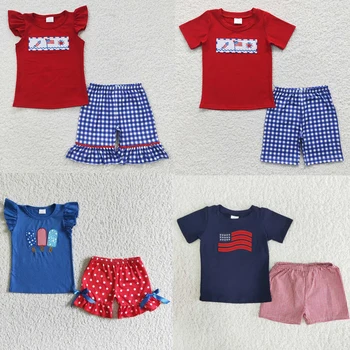 Grosir Bayi Perempuan Juli 4th Musim Panas Set Anak Balita Lengan Pendek Kemeja Bendera Bordir Tee Anak-anak Bayi Celana Pendek Kotak-kotak Pakaian