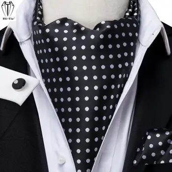 Hi-Tie Sutra Vintage Pria Ascots Hanky Manset Set Titik Hitam Putih Dasi Cravat Setelan Jas Pria Jacquard Ascot Hadiah Berkualitas Tinggi