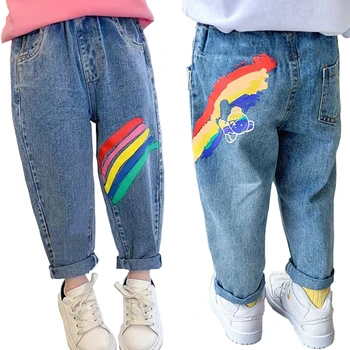 Hot Deals Jeans untuk Remaja Perempuan Anak-anak 3-6Yrs Celana Kasual Bermotif Lukisan Grafiti Berkualitas Tinggi dengan Celana Kartun Pelangi