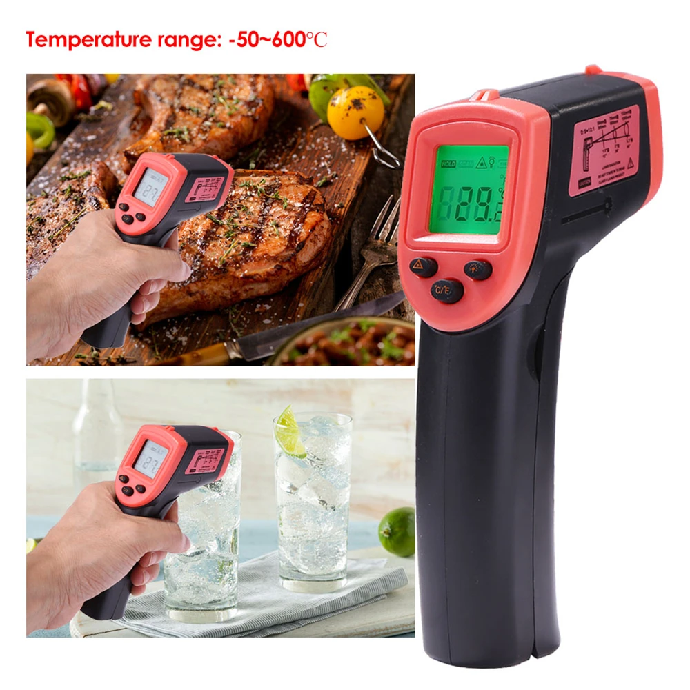 HW600 Termometer Inframerah Digital Phrometer Suhu Non Kontak Industri Pengukur Suhu Laser IR Layar LCD -50°C~600° - 0
