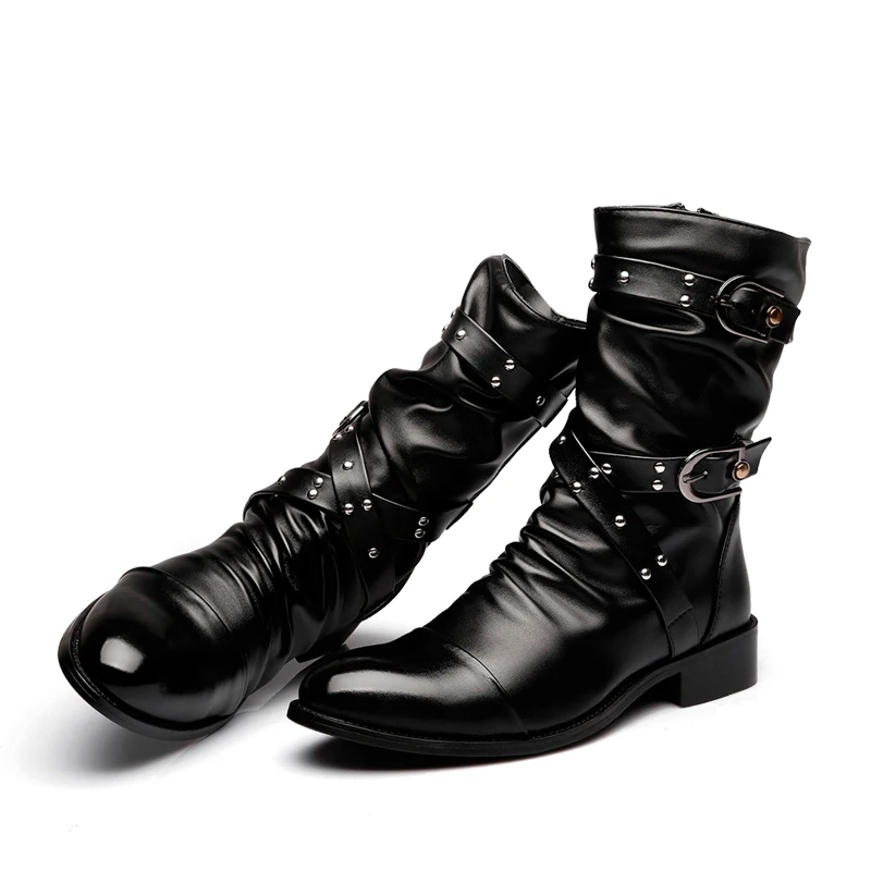 Idopy Baru Musim Gugur Gothic Pria Ujung Lancip Pertunjukan Panggung Sepatu Bot Kulit Imitasi Sepatu Hak Tinggi Kulit Punk Pria Sepatu Boot Gesper - 4