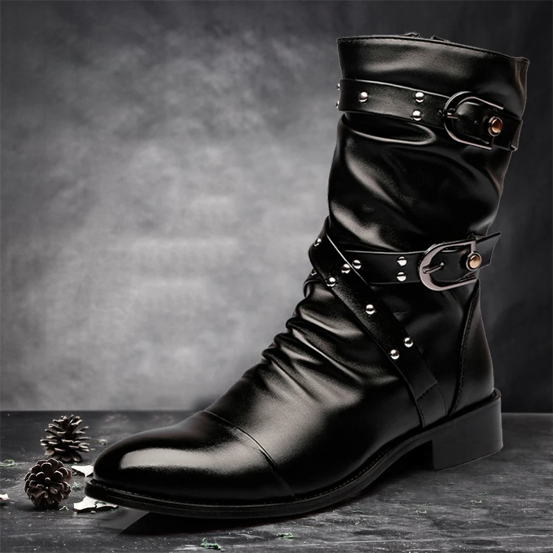 Idopy Baru Musim Gugur Gothic Pria Ujung Lancip Pertunjukan Panggung Sepatu Bot Kulit Imitasi Sepatu Hak Tinggi Kulit Punk Pria Sepatu Boot Gesper - 5