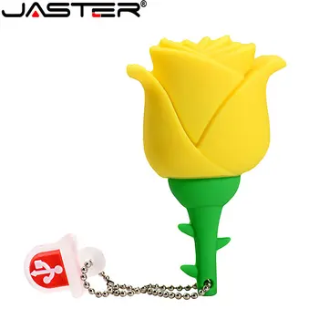 JASTER USB Flash Drive 64GB Pen Drive Bunga Mawar 32GB Stik Memori Merah Biru Kuning Merah Muda untuk Anak Perempuan Hadiah Flashdisk Gantungan Kunci Gratis