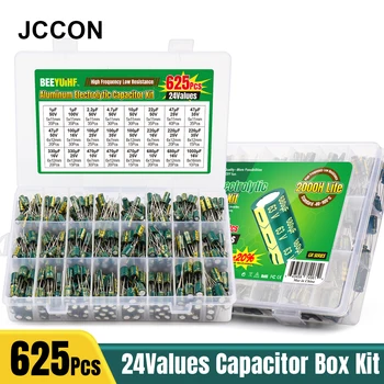JCCON 625 Buah Kit Kapasitor Elektrolitik Aluminium Nilai 24 Kit Bermacam-macam Kotak Kapasitor 10V-100V 1F-1000uF Kit Bermacam-macam Kotak Kapasitor