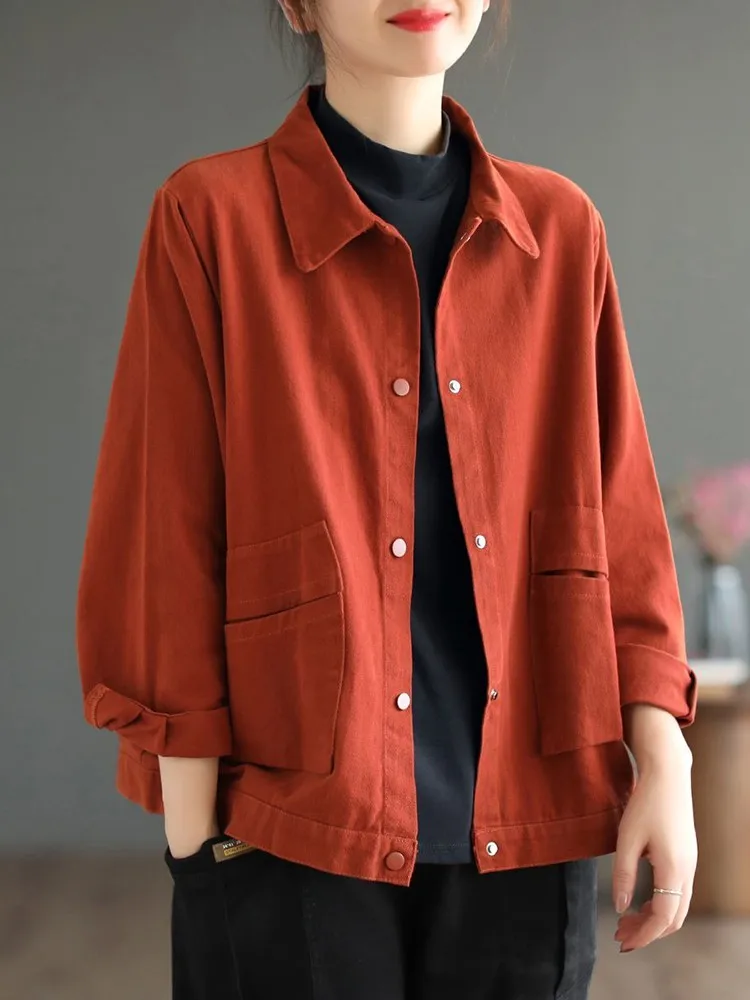 Jaket Kasual Wanita Baru 2022 Musim Gugur Gaya Vintage Kerah Lipat Warna Solid Mantel Pakaian Luar Katun Wanita Longgar D501 - 0