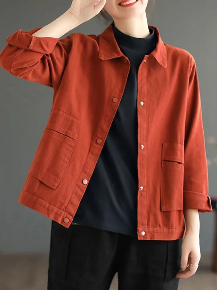 Jaket Kasual Wanita Baru 2022 Musim Gugur Gaya Vintage Kerah Lipat Warna Solid Mantel Pakaian Luar Katun Wanita Longgar D501 - 1