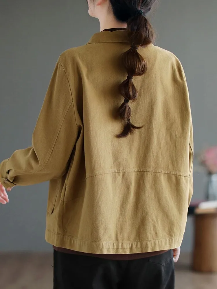 Jaket Kasual Wanita Baru 2022 Musim Gugur Gaya Vintage Kerah Lipat Warna Solid Mantel Pakaian Luar Katun Wanita Longgar D501 - 3