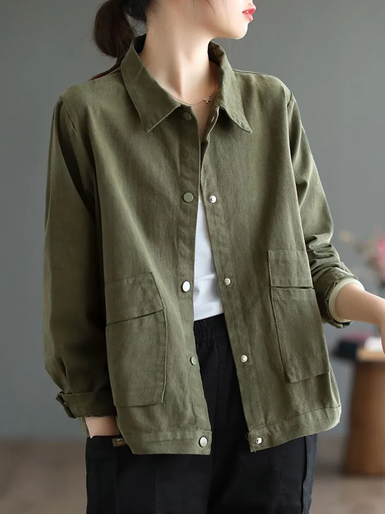 Jaket Kasual Wanita Baru 2022 Musim Gugur Gaya Vintage Kerah Lipat Warna Solid Mantel Pakaian Luar Katun Wanita Longgar D501 - 4