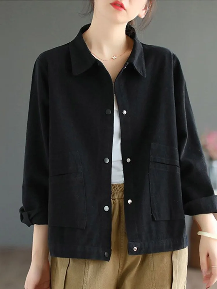 Jaket Kasual Wanita Baru 2022 Musim Gugur Gaya Vintage Kerah Lipat Warna Solid Mantel Pakaian Luar Katun Wanita Longgar D501 - 5