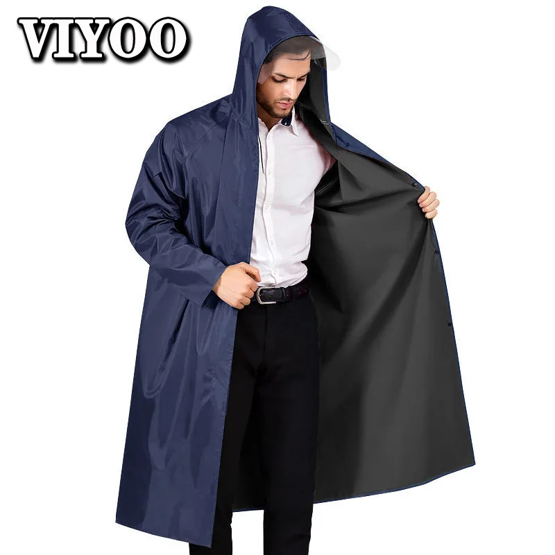 Jas Hujan Jaket Panjang Tahan Air Pria Wanita PVC Mantel Parit Bertudung Navy Hijau Antik Pria Luar Ruangan Hiking Memancing untuk Pria - 0