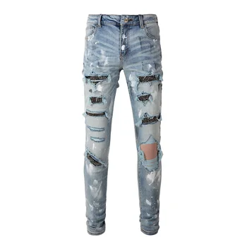 Jeans Denim Stretch Kristal Pria Jeans Streetwear Lubang Robek Celana Tertekan Dicat Celana Tambal Sulam
