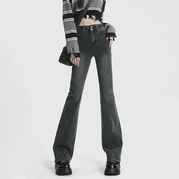 Jeans Flare Pinggang Tinggi untuk Wanita Celana Olahraga Denim Seksi Elastis Retro Celana Jeans Harajuku Mode Streetwear Celana Jeans