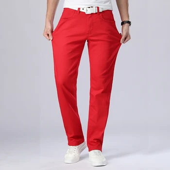 Jeans Merah Pria Musim Gugur Baru 2023 Celana Denim Katun Elastisitas Lurus Gaya Klasik Celana Panjang Putih Merek Pria