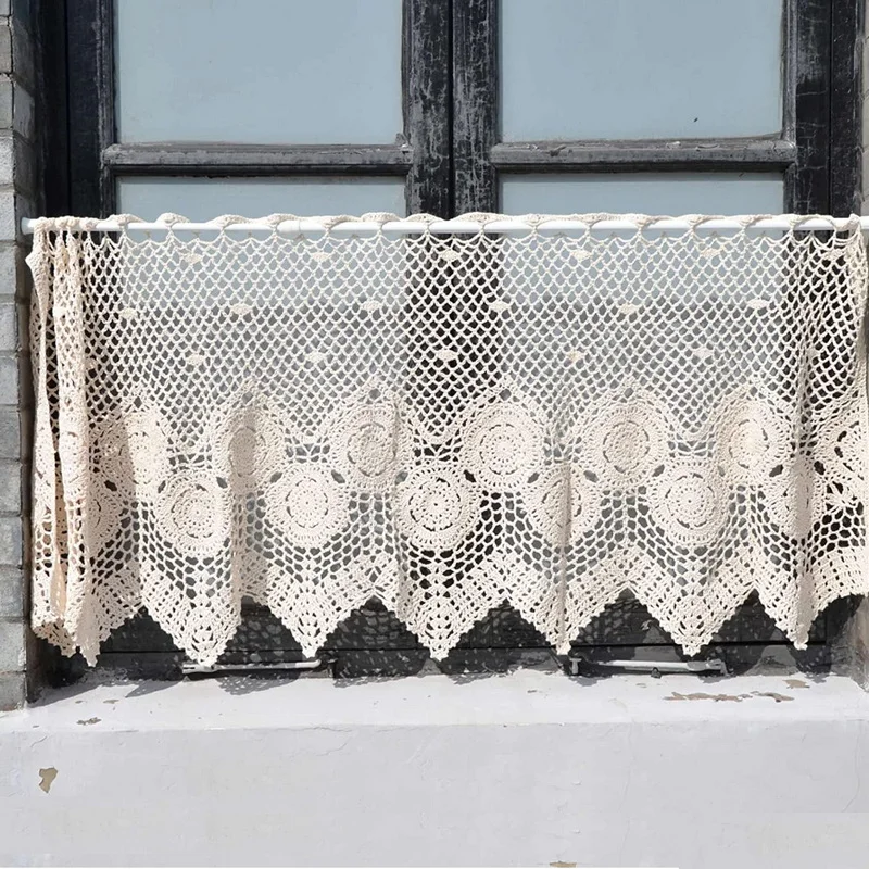 Junwell 100% Katun Crochet Tirai Kelambu Tangan Bekerja Dapur Tirai Buatan Tangan Jarum Crochet Fashion Vintage Gaya Perancis - 0