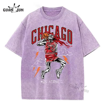 Kaos Grafis Bola Basket Tengkorak Kaus Dicuci Hip Hop Pria Kaus Estetika Katun 100% Atasan Wanita Streetwear Pakaian Uniseks