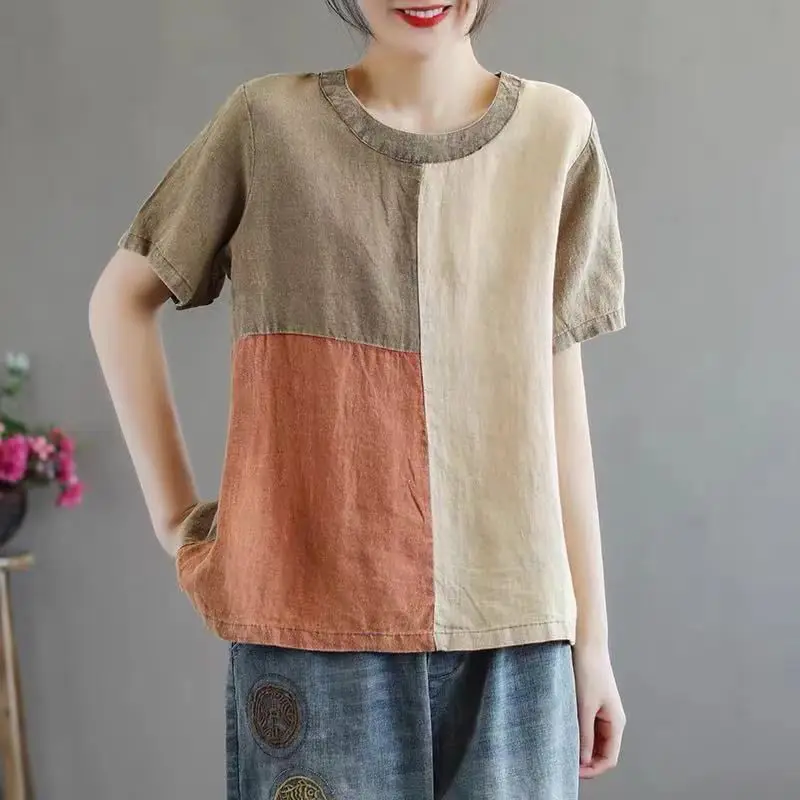 Kaos Lengan Pendek Katun Kaus Wanita Fashion Longgar Kasual Gaun Ibu Linen Katun Baru Musim Panas Leher-O Gaun Ibu Linen Katun Baru Musim Panas - 1