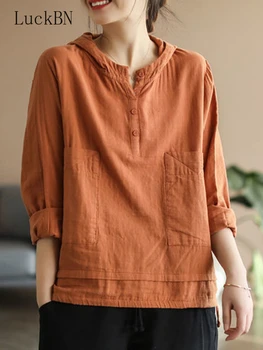 Kaus Lengan Panjang Bertudung Warna Solid Benang Katun Lapisan Ganda Wanita 2022 Kaus Tambal Sulam Kasual Longgar Baru Musim Semi Wanita