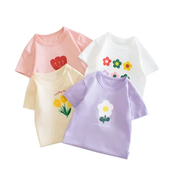 Kaus Lengan Pendek Bunga Musim Panas Korea 2023 Untuk Anak Perempuan Atasan Anak Perempuan Balita Katun 2-8 Tahun Pakaian Kaus Bayi Perempuan