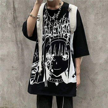 Kaus Oversized Kaus Grafis Gothic Anime Pria Kaus Hip Hop Harajuku Wanita Streetwear Lengan Pendek Antik Kain Musim Panas Hitam