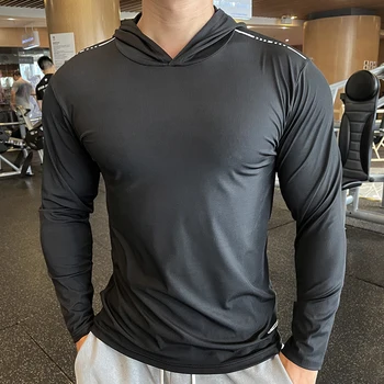 Kaus Pria Gym Kaus Atasan Ramping Lengan Panjang Kasual Kaus Elastis Olahraga Kebugaran Kenyamanan Tipis Bersirkulasi Bertudung Cepat Kering