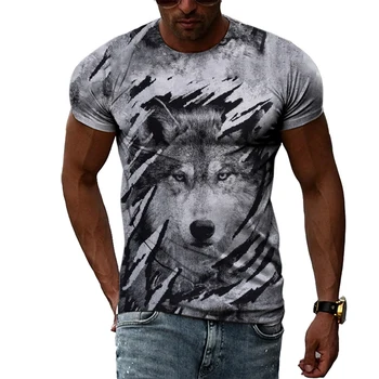 Kaus Pria Serigala Hewan Mode Musim Panas Kaus Gambar Kepribadian Trendi 3D Gaya Jalanan Hip Hop Ukuran Plus Atasan Leher-O Dropshipping