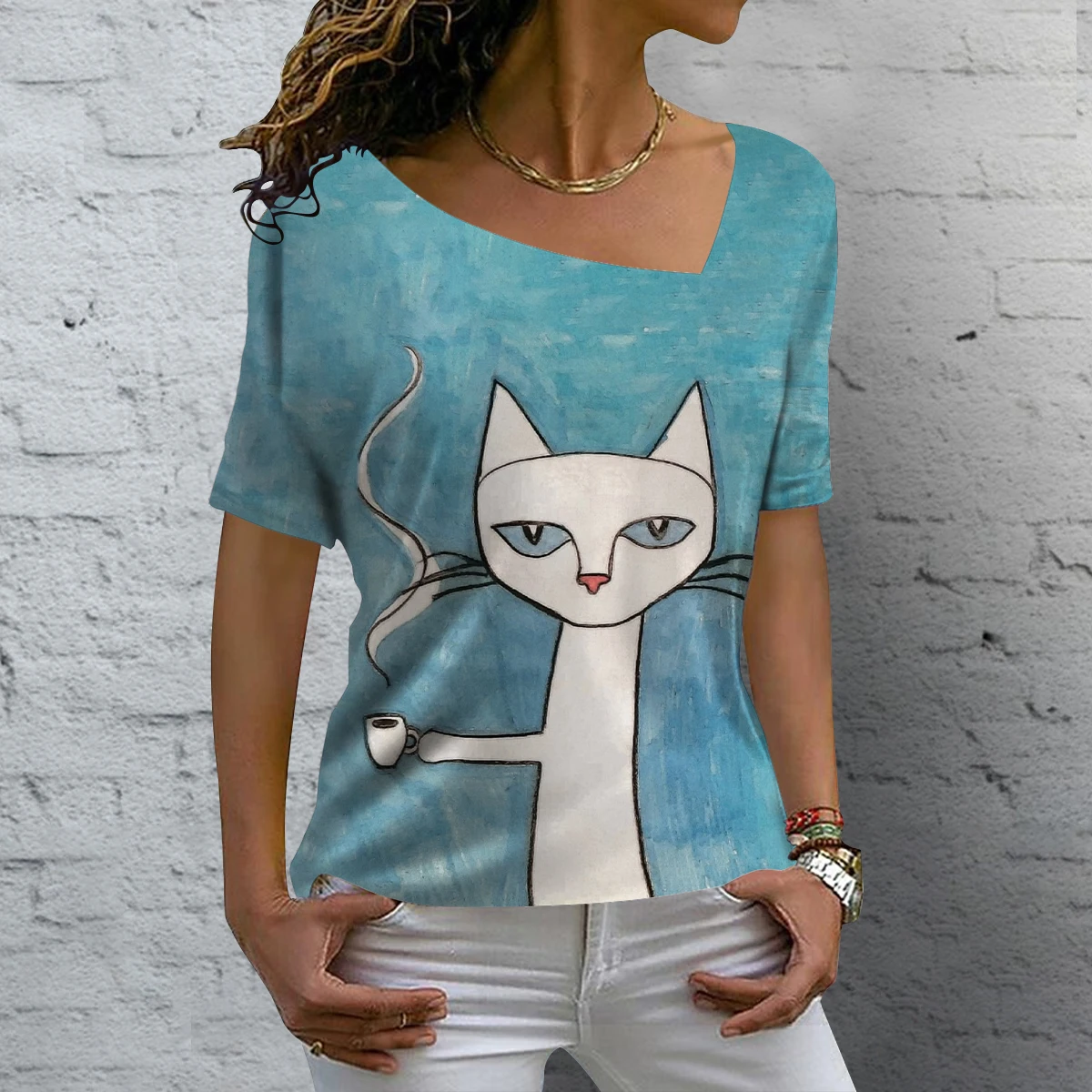 Kaus Wanita Lucu Kaus Atasan Cetak Kucing Kupu-kupu 3D Musim Panas Pakaian Leher V Harian Jalanan Kaus Ukuran Besar untuk Pakaian Wanita - 2