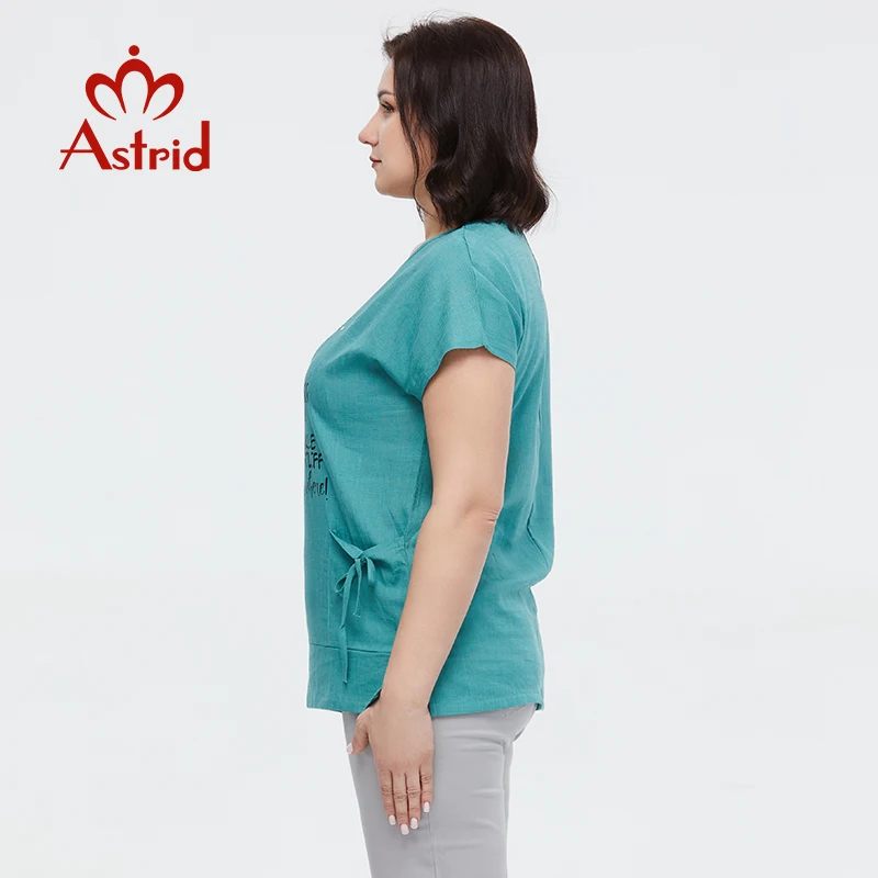 Kaus Wanita Musim Panas Astrid Atasan Linen Katun Baru 2023 Kaus Lengan Pendek Ukuran Besar Pakaian Wanita Bermotif Huruf Pola Mode - 3