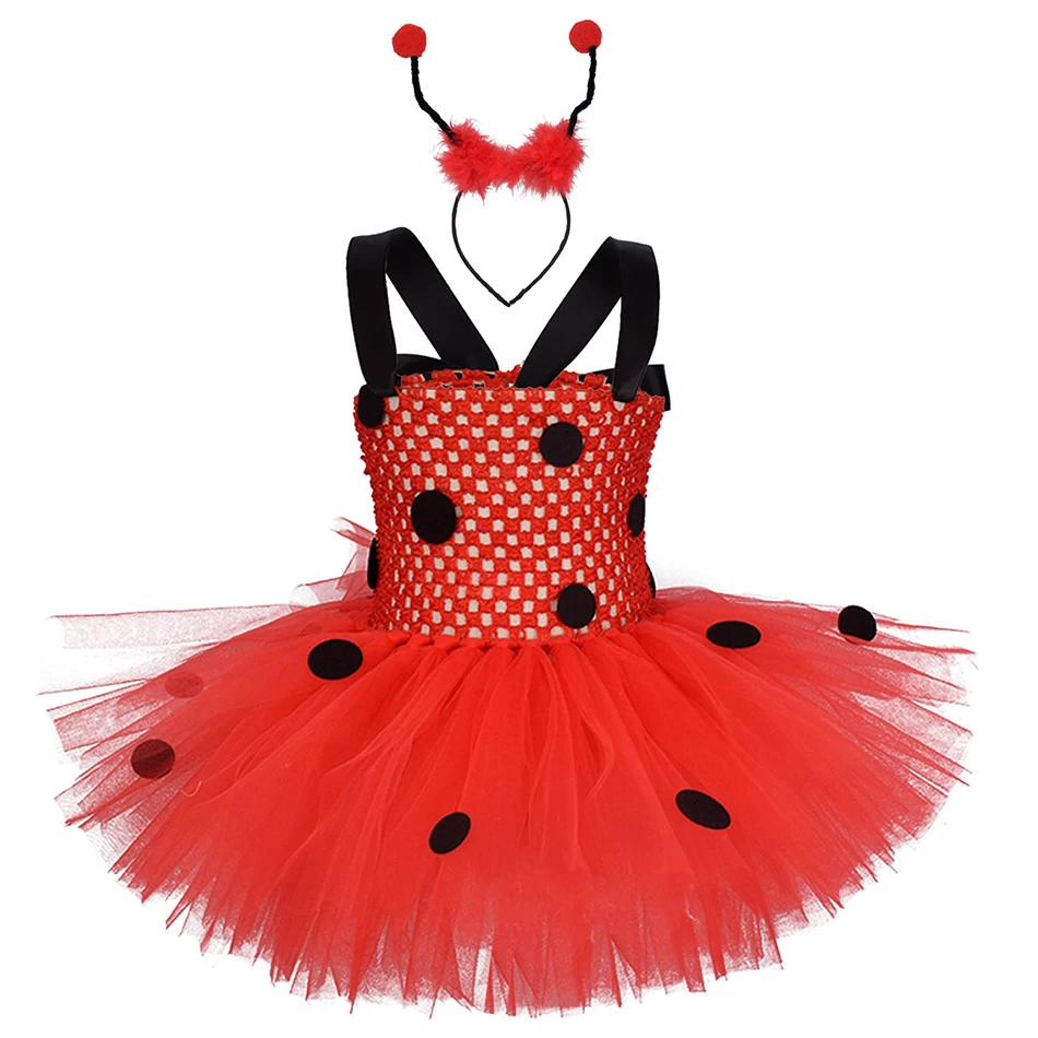 Kostum Cosplay Ladybug Anak Perempuan Halloween Gaun Tutu Kostum Hewan Serangga Ulang Tahun Anak Perempuan Gaun Mewah dengan Ikat Kepala Antena - 1
