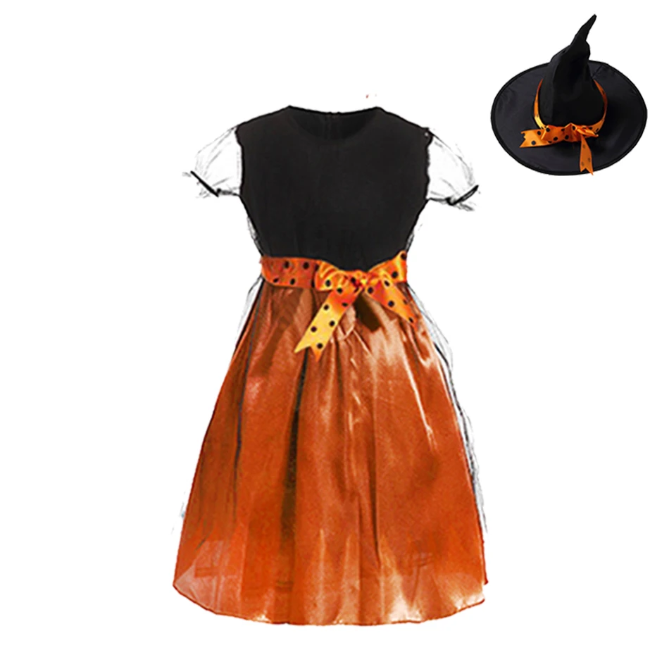 Kostum Penyihir Cosplay Halloween Anak Perempuan 2023 Gaun Bayi Perempuan Remaja Set Pakaian Gaun Penyihir Bayi Topi Tas Labu Celana Ketat - 2