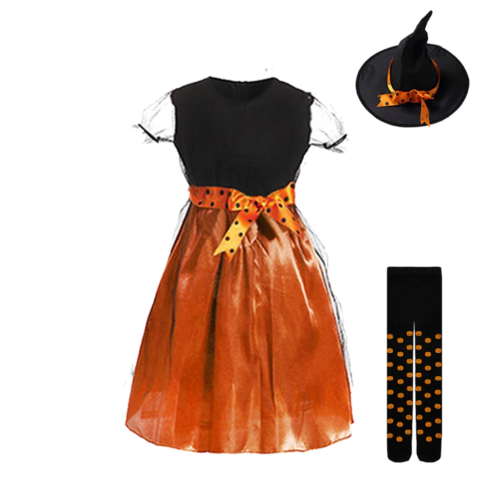 Kostum Penyihir Cosplay Halloween Anak Perempuan 2023 Gaun Bayi Perempuan Remaja Set Pakaian Gaun Penyihir Bayi Topi Tas Labu Celana Ketat - 3
