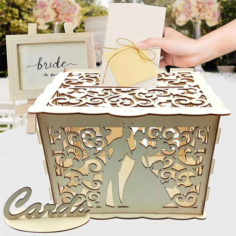 Kotak Kartu Pernikahan Kotak Kayu dengan Kunci Mr & Mrs DIY Kotak Kartu Tanda Amplop Pasangan Perlengkapan Pesta Kelulusan Baby Shower Ulang Tahun - 4
