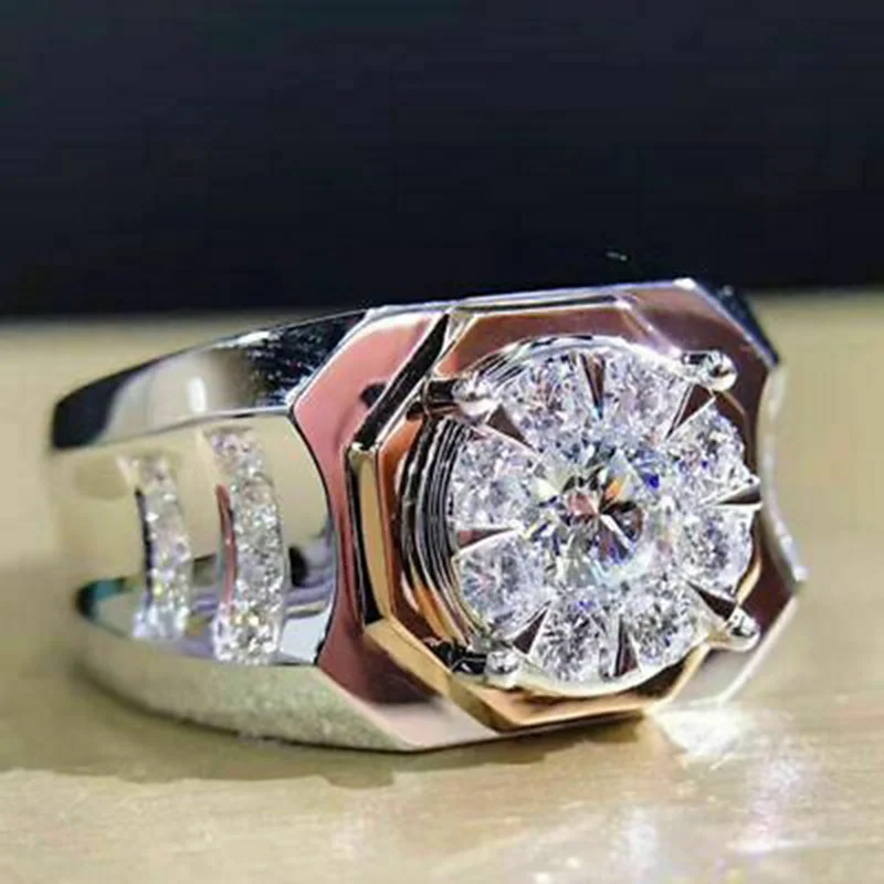 Kualitas Fashion Cincin Warna Perak untuk Pria Trendi Set Cincin Kawin Zicron Putih Bertatahkan Logam Perhiasan Pertunangan Perhiasan - 0