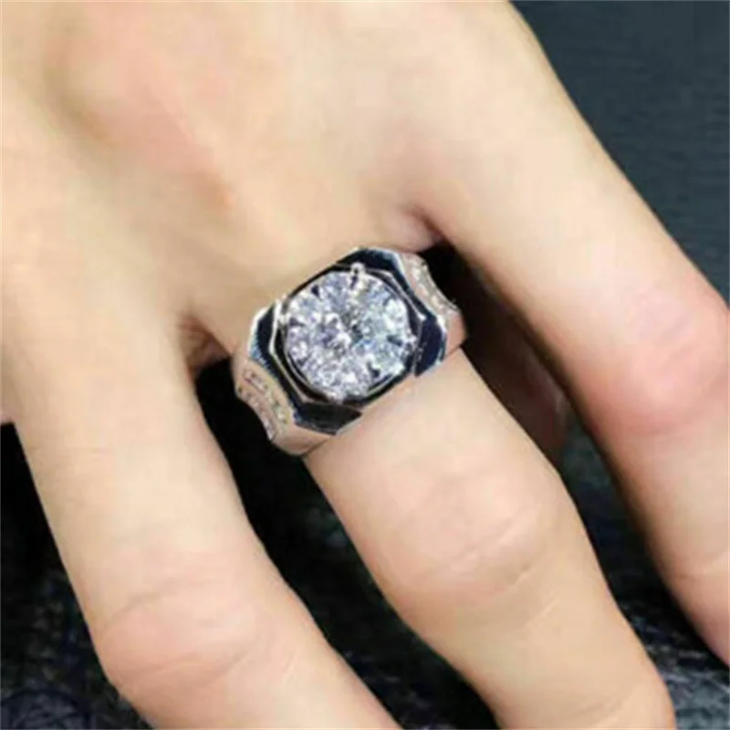 Kualitas Fashion Cincin Warna Perak untuk Pria Trendi Set Cincin Kawin Zicron Putih Bertatahkan Logam Perhiasan Pertunangan Perhiasan - 3