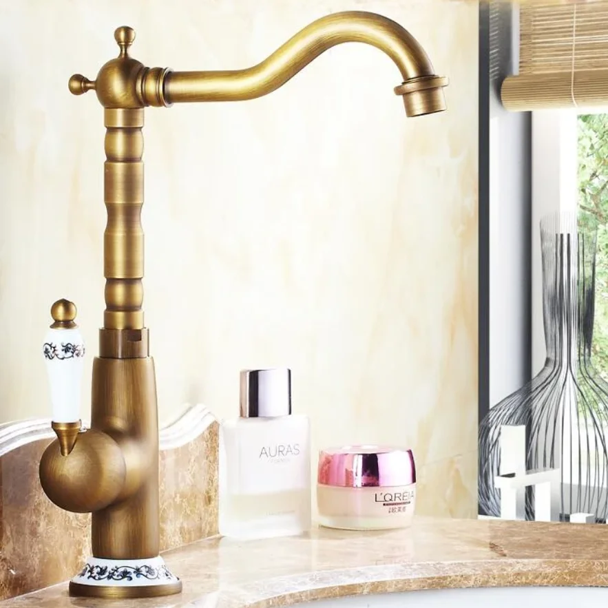Kuningan Antik Kamar Mandi Basin Faucet Keran Putar Cerat Vanity Sink Mixer - 2