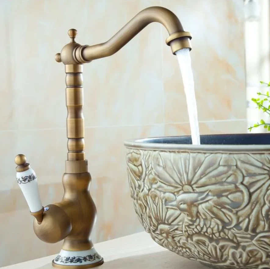 Kuningan Antik Kamar Mandi Basin Faucet Keran Putar Cerat Vanity Sink Mixer - 3