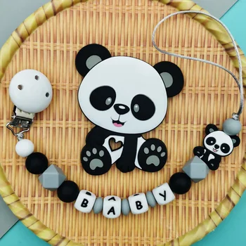 Kustom Inggris Rusia Huruf Nama Bayi Silikon Panda Dot Klip Rantai Teether Liontin Bayi Tumbuh Gigi Kawaii Mainan Hadiah