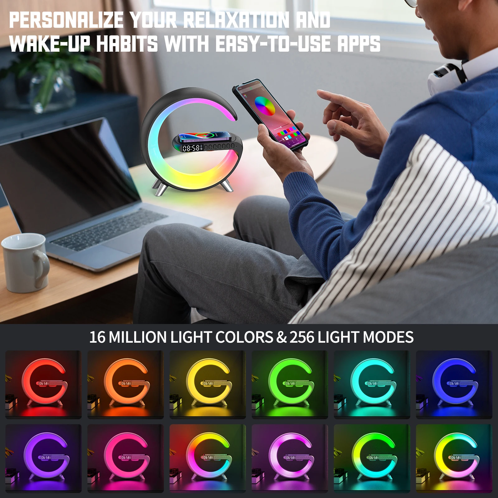 Lampu Meja G Besar RGB Speaker Bluetooth Kontrol Aplikasi Irama Musik Jam Pickup Jam Alarm Lampu Suasana Warna-warni Rumah Pintar - 1