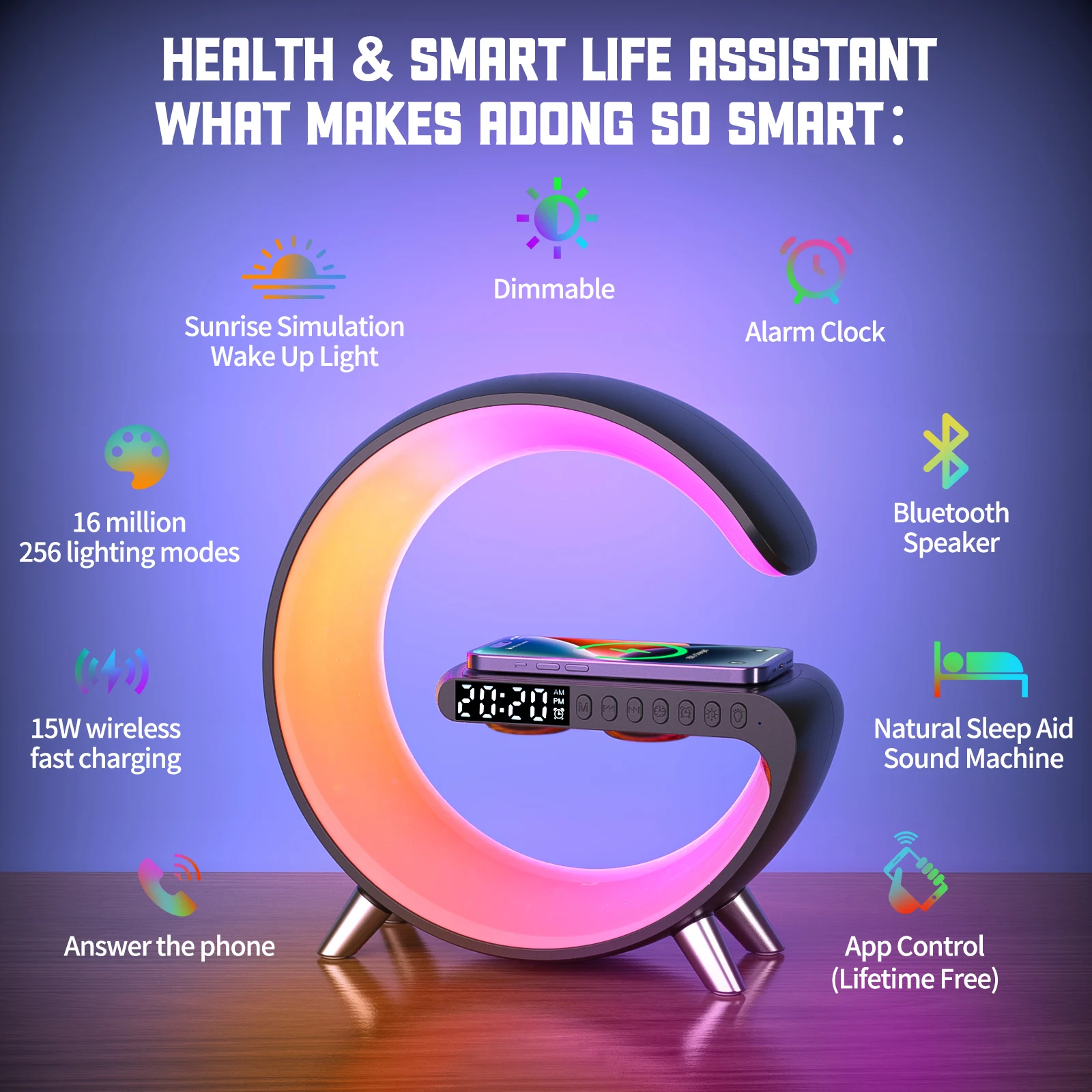 Lampu Meja G Besar RGB Speaker Bluetooth Kontrol Aplikasi Irama Musik Jam Pickup Jam Alarm Lampu Suasana Warna-warni Rumah Pintar - 2