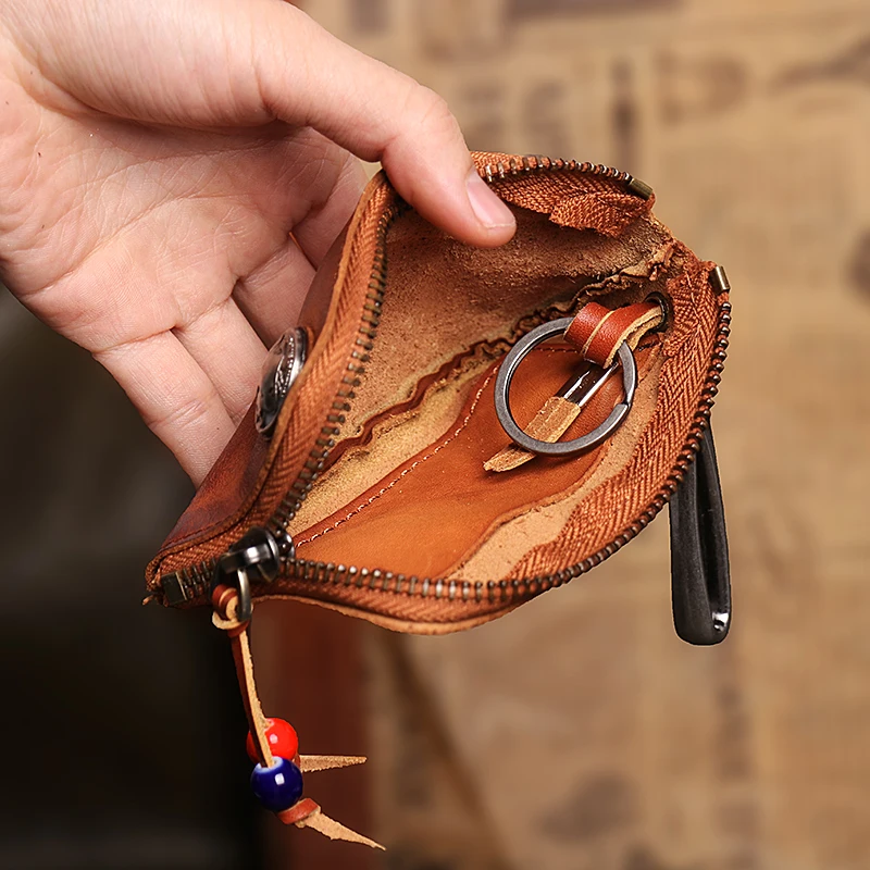 Lapisan Pertama Kulit Dompet Kunci untuk Pria Pendek Vintage Buatan Tangan Mobil Gantungan Kunci Koin Purese Kartu Tas Organizer Pembantu Rumah Tangga - 5