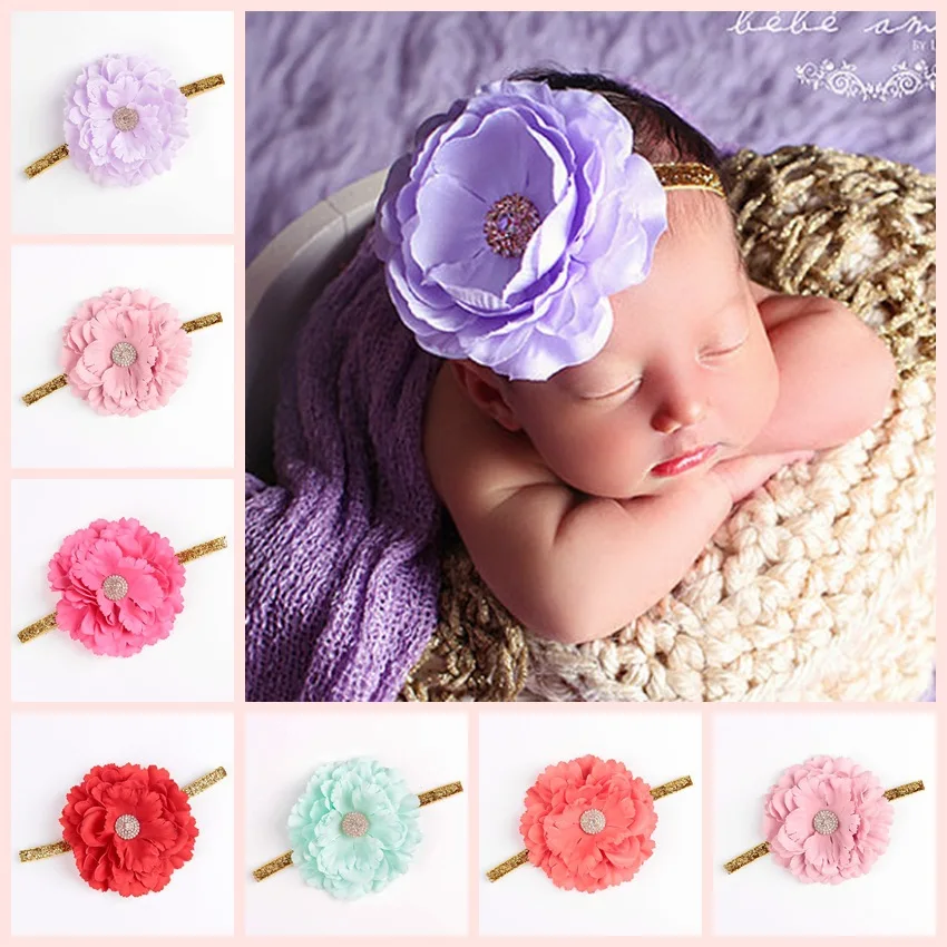 Lucu 1PCS Gadis Pennoy Bunga dengan Berlian Imitasi Shiney Headband Bayi Foto Bayi Baru Lahir Bayi Hiasan Kepala Rambut Aksesoris - 1