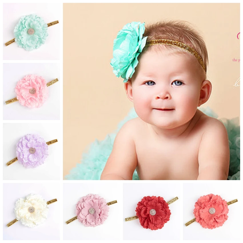 Lucu 1PCS Gadis Pennoy Bunga dengan Berlian Imitasi Shiney Headband Bayi Foto Bayi Baru Lahir Bayi Hiasan Kepala Rambut Aksesoris - 2