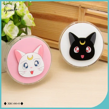 Lymouko Desain Baru Kucing Bulat Kartun Lucu dengan Kotak Lensa Kontak Cermin untuk Wanita Hadiah Kotak Lensa Dudukan Kit Portabel