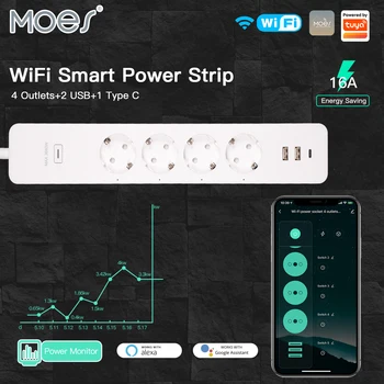 MOES WiFi EU Tuya Smart Power Strip Pelindung Lonjakan Arus 4 Steker Soket Monitor Daya dengan 2 USB 1 Kontrol Aplikasi Tipe C Kontrol Suara