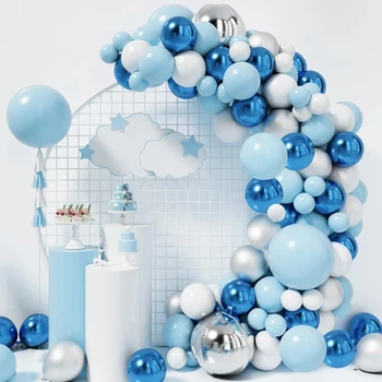 Macaron Logam Biru Balon Garland Arch Kit Pesta Ulang Tahun 4D Perak Putih Lateks Mengungkapkan Jenis Kelamin Dekorasi Baby Shower Balon